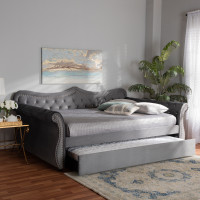 Baxton Studio Abbie-Grey Velvet-Daybed-F/T Abbie Traditional and Transitional Grey Velvet Fabric Upholstered and Crystal Tufted Full Size Daybed with Trundle
